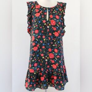 J Crew Shift Dress XS‎ Flutter sleeve Midi Black Red  Keyhole  Floral NEW NWT